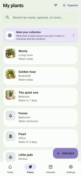 The Plants tab: six plants, each with its photo, its room and the day it next needs water.
