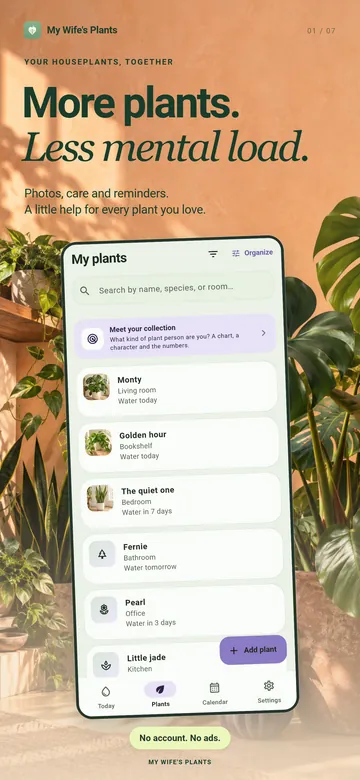 More plants. Less mental load. The Plants tab, listing a collection by nickname and room.