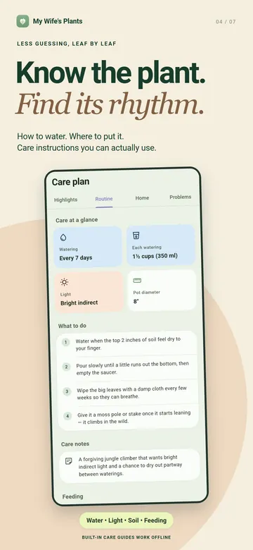 Know the plant. Find its rhythm. A care plan on its Routine tab: how often, how much, and what to do.